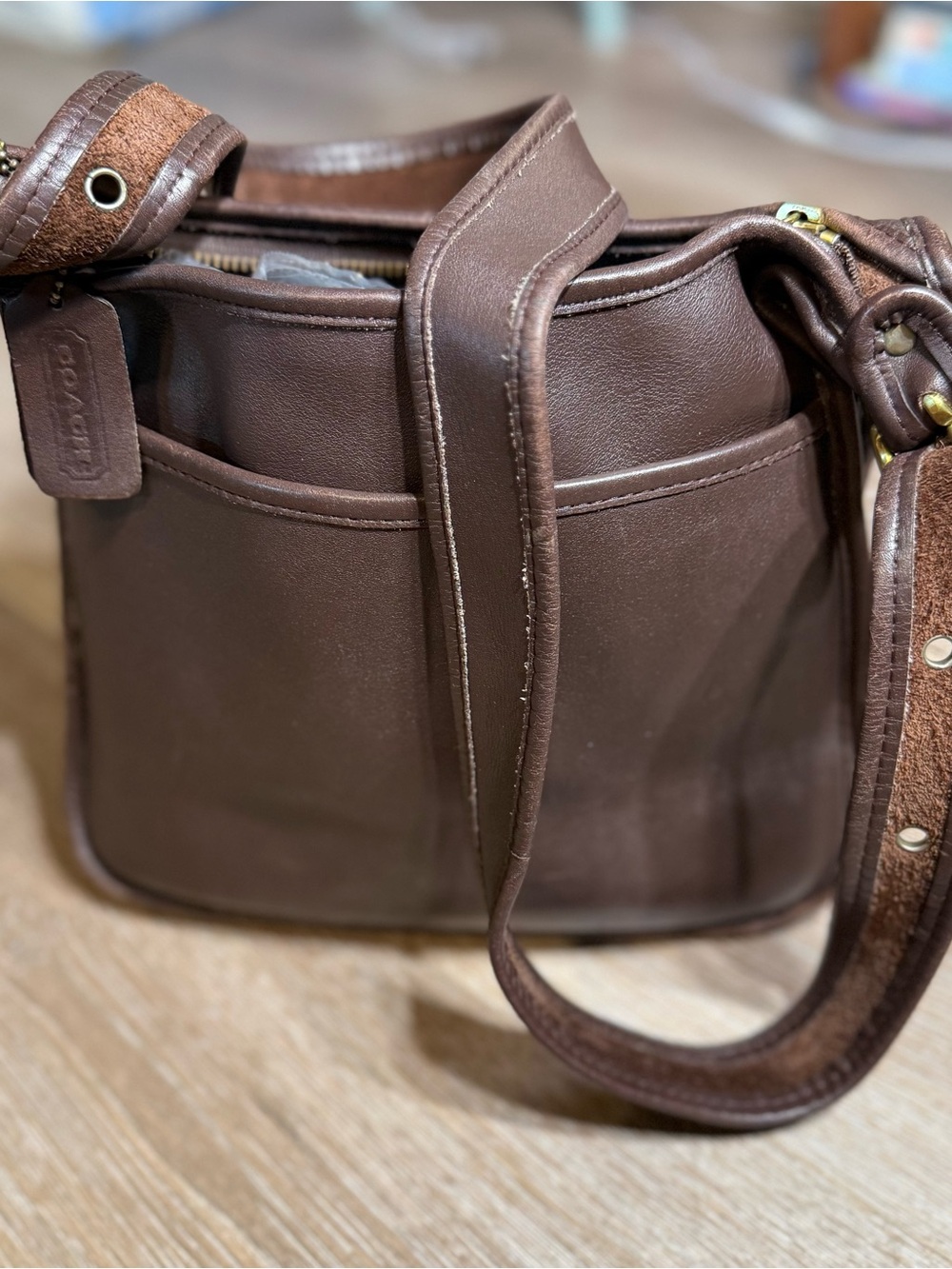 Coach Brown Leather Shoulder Bag with Suede-Trim Strap
